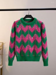 Women's Sweaters Vintage Patchwork Sequins Knitted Pullover Sweater Women O-Neck Jumper 2024 Autumn Winter Long Sleeve Knitwear Tops