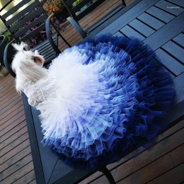 Dog Apparel Handmade Clothes Luxury Pet Princess Dress Trailing Gown Cat Lace Vast Ocean Blue Gradient Tulle Skirt Chapel Train Maltese