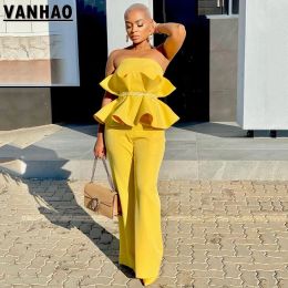 Suits VANHAO 2022 Sexy Strapless Ruffles Top and Wide Leg Pants Sets Womens 2 Piece Night Club Outfit Summer Wholesale Dropshipping