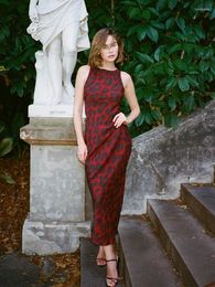 Casual Dresses 2024 Ladies Spring And Summer Red Rouge Animal Print Sleeveless Boat Neck Silk Long Dress