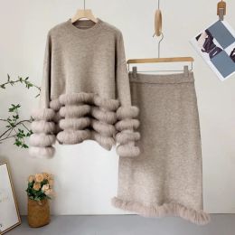 Fur Lady's Sweater Skirt Set with Real Fox Fur Trim Cuff Fashion Ins Natural Fox Fur Jacket Women Autumn Winter Warm Clothing