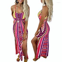 Casual Dresses 2024 Summer Product European And American Digital Printing Split Sexy Halter Strap Dress Female Fashion
