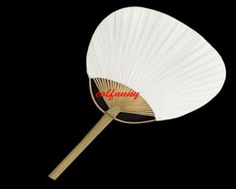 100pcslot Fast Shiping White Round Hand Fans with Bamboo Frame and Handle Wedding Party Favours Gifts Paddle Paper Fan F0531019502151