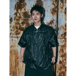 CRTZ 2024 New devils Island Retro Black Loose Pleated Leather Shirt with Three-dimensional Steel Print New in Summer