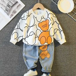 Clothing Sets Toddler Baby Boy Clothing Fashion Cartoon Print Sweatshirt +Jeans Sets Fall Kids Long Sleeve Denim Suits Child ClothesL2401L2402