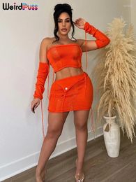 Work Dresses Weird Puss Crochet 2 Piece Set Women Ripped Corset Top With Glove Irregular Skirts Skinny Stretch Matching Streetwear Outfits