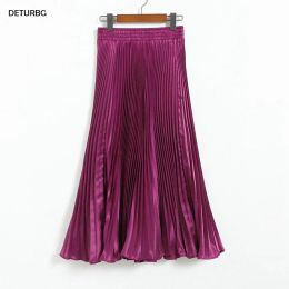 Skirt Women's Pleated Mermaid Skirt Female 2020 Spring Japan Style Casual High Waist Satin Midi Long Skirts Shiny Saias 17 Colour SK501