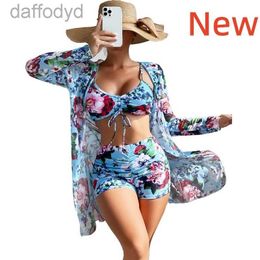 Women's Swimwear Womens Swimwear 2023 Three Pieces Bikinis Set Cover Up Women Floral Print Push Swimsuit Long Sleeve Twist Biquini Bathing Suit 230503 240307