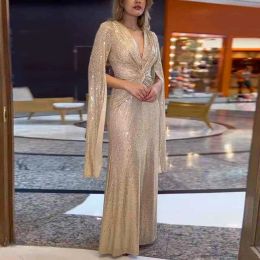 Dress Women Formal Dress Wedding Bridesmaid Dress Sequin Slit Long Sleeve Long V Neck Beaded Evening Gown Wedding Gown Party Wear