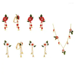 Necklace Earrings Set Enamel Winter Rose Flower Jewellery For Woman 2024 Trend