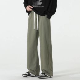 Pants 100% Cotton Men's Baggy Wideleg Pants Fashion Korean Streetwear Casual Elastic Waist Drawstring Trousers ArmyGreen Black Khaki