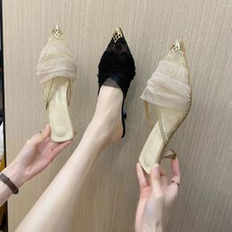 Dress Shoes Similar Gauze Wrapped Head Half Slippers Wear 2024 Summer Pointy High Heeled Sandals Stiletto Heels Mary Jane