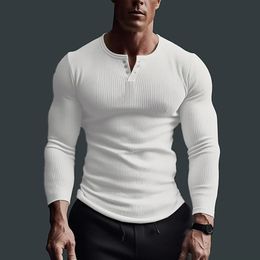 Mens Casual Waffle Fitness Muscle TShirt Long Sleeve Solid Color Button V Neck Basic Breathable Tops Tees T Shirts Clothing 240226