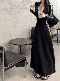 Dress Casual Design Sport School Maxi Dresses Vneck 2023 Autumn Korean Style Oversize Striped Long Dress Women Kpop