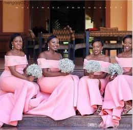 Urban Sexy Dresses 2022 Nigerian African Arabic Pink Mermaid Bridesmaid Off Shoulder Floor Length Maid of Honor Gowns Split Evening Plus Size B0324 BM1613 Q240307