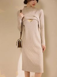 Dresses Winter Postpartum Woman Breastfeeding Dress Long Sleeve Maternity Knit Nursing Clothes Solid Colour Pregnancy Lactation Clothes