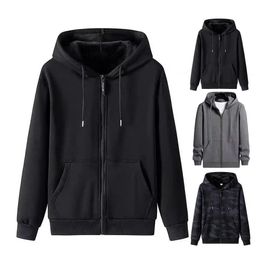 Long Sleeve Hoodie Drawstring Pockets Zipper Closure Cardigan Sweatshirt Men Spring Autumn Solid Colour Plus Size Coat 240228