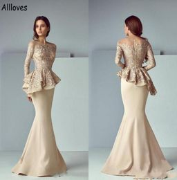 Champagne Satin Mermaid Mother Of The Bride Dresses With Long Sleeves Embroidered Lace Ruched Peplum Formal Evening Gowns Zipper B5443493