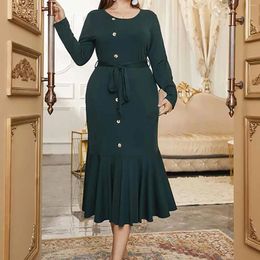 Casual Dresses Green Plus Size 4XL Party For Women Long Sleeve Pleated Fishtail Dress Elegant Office Ladies Formal Evening Robe