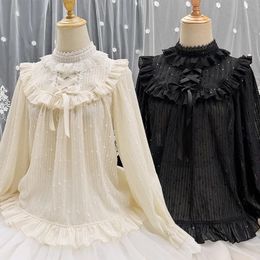 Victorian Vintage Lolita Blouse Elegant Women Sweet High Collar Ruffle Lace Bandage Tops Female Gothic Long Sleeves Loose Shirts 240307