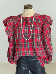 Womens Plaid Printed Blouse Beautiful Ruffle Pleated Top Long Sleeve O Neck Blouses Shirt 240307