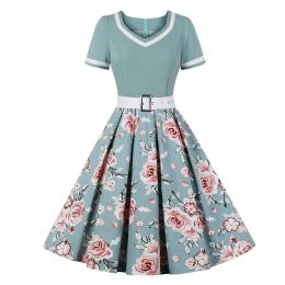 Dress Oversized Vintage Floral Pleated Dresses 40s 50s 60s Ladies 3XL 4XL Women High Waist Pinup Elegant Rockabilly Dresses with Belt