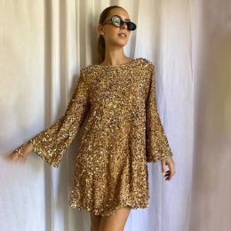 Dress Fashion Gold Bow Sequins Mini Dress Women 2023 Long Sleeve Fall Sexy Loose Birthday Party Short Dresses Elegant Vestidos