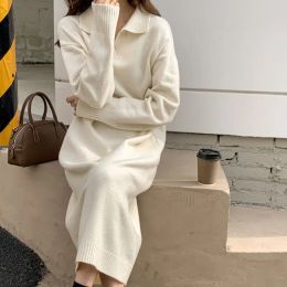 Dress Casual Thicken Warm Loose Sweater Dress Women Autumn Winter Lapel Full Sleeve Solid Long Knit Dress Vestidos De Mujer Robe Femme