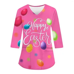 Women's T Shirts Carer's Easter Print 3/4 Sleeve Top Round Neck Pullover Clothing Sale Cropped Youthful Woman Clothes