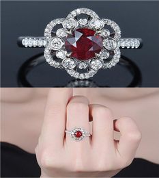 Fashion chic flower red crystal ruby gemstones diamonds rings for women white gold silver Colour bague Jewellery bijoux party gifts3733589