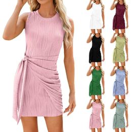 Casual Dresses Women'S Spring/Summer Solid Colour Crew Neck Pleated Lace Up High Midi Dress Surplice For Women Summer