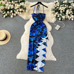 Casual Dresses High Split Strap Dress For Women Summer Niche Sexy Sleeveless Backless Print Sensual Ruffle Edge Slit Sling