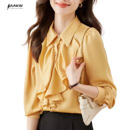 Shirt NAVIU Yellow Ruffles Shirt for Women Formal Long Sleeve Blouses Office Lady Work Tops Elegant Temperament White New