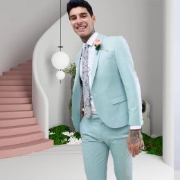 Suits Mint Green Men Suits 2 Pieces Costume Homme Summer Beach Lapel Groomsmen Suits Solid Colour Men Wedding Prom Suits Jacket+Pant