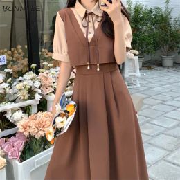 Dress Short Sleeve Dresses Women Preppy Patchwork Elegant Young Summer Ins Korean Fashion Sweet Aline Simple Fake Two Pieces Vestidos