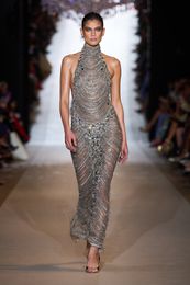 2024 Zuhair murad Women suit Grey Dress Off shoulder High neck long sleeve Beads abic Aso Ebi Paris Fashion week Evening dress Runway Fashion
