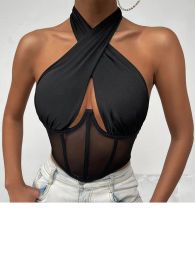 Tops 2023 Sexy Cross Halter Corset Bustier Mesh Bone Tank Tops Women Tie Up Wrap Tube Tops Backless Slim Fit Cut Out Front Tops