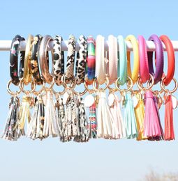 Women Tassel Bracelets PU Leather Wrap Key Ring Leopard Lily Print Keychain Keyring Wristband Sunflower Circle Bangle Chain Wristl2930302