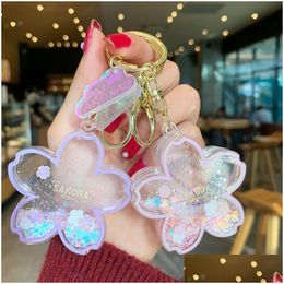 Key Rings Acrylic Flower Keychains Sakura Car Key Chain Ring Accessories Women Fashion Schoolbag Pendants Bag Charms Cute Gold Metal Dhdls