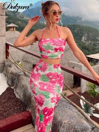 Suits Dulzura Matching Suit Print Flower Halter Camisole Top Maxi High Slit Skirt Bodycon Club Outfit For Women Sexy BodyShaping Y2K