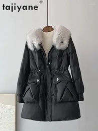 Women's Leather Tajiyane Genuine Sheepskin Down Jackets For Women Winter Mid-length Real Jacket Loose Coats Fur Collar