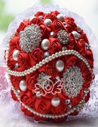 Read Satin Rose Bridal Wedding Bouquet Wedding Decoration Crystals Artificial Flower Bridesmaid Bridal Hand Holding Brooch Flowers6777255