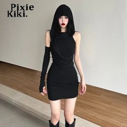 Dress PixieKiki Asymmetrical One Sleeve Hooded Short Dresses for Womens Y2k Girl Sexy Black Bodycon Dress Goth Streetwear P71CD22