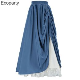 skirt Women Medieval Victorian Skirt Solid High Waist Lace Patchwork Side Pleated Maxi Skirts Renaissance Elegant Dress Up For Female