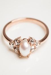 Wedding Rings 14kc Rose Gold Or Plated Plate Engagement Ring Pearl CZ Crystal Dainty Stacking Band Jewelry18332337