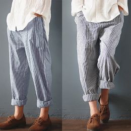 Capris 5XL Pluse Size Women's Pants Loose Casual Elastic Waist Striped Pencil Pants Trousers Spring Cotton Linen Female Wide Leg Pants