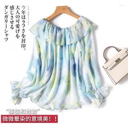 Women's Blouses Off Shoulder Blouse Women Natural Silk Shirt 2024 Spring Summer Print Long Sleeve Top Fashion Design