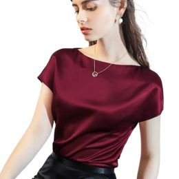 Blouse 2024 New fashion Summer Basic wild Women's Acetate satin Shirts boat neck Short Sleeve chiffon Tops Satin Silk Elegant Shirts