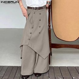 INCERUN Men Irregular Pants Button Joggers Streetwear Solid Color Trousers Men Vintage Loose Casual Wide Leg Pants S-5XL 240221