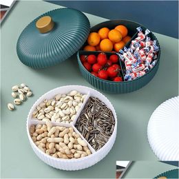 Dishes & Plates Dishes Plates 3 Compartment Food Storage Tray Dried Fruit Snack Bowl With Lid Plate Appetizer Serving Platter For Part Dh9Tu